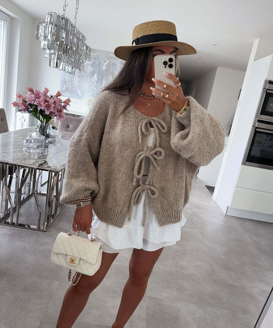 Callie Knitted Bow Lace Up Cardigan - www.Shopthatapp.com
