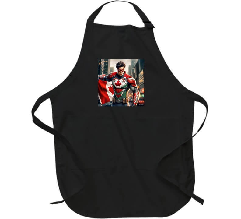 Canada superhero shirt design on a black apron, featuring a hero with a Canadian flag