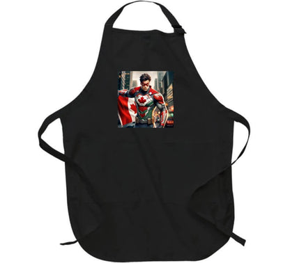 Canada superhero shirt design on a black apron, featuring a hero with a Canadian flag