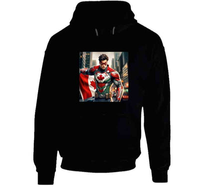 Black hoodie featuring Canada superhero shirt graphic with vibrant colors and a cityscape background