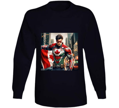 Canada superhero shirt featuring a hero holding a Canadian flag on a black long-sleeve tee