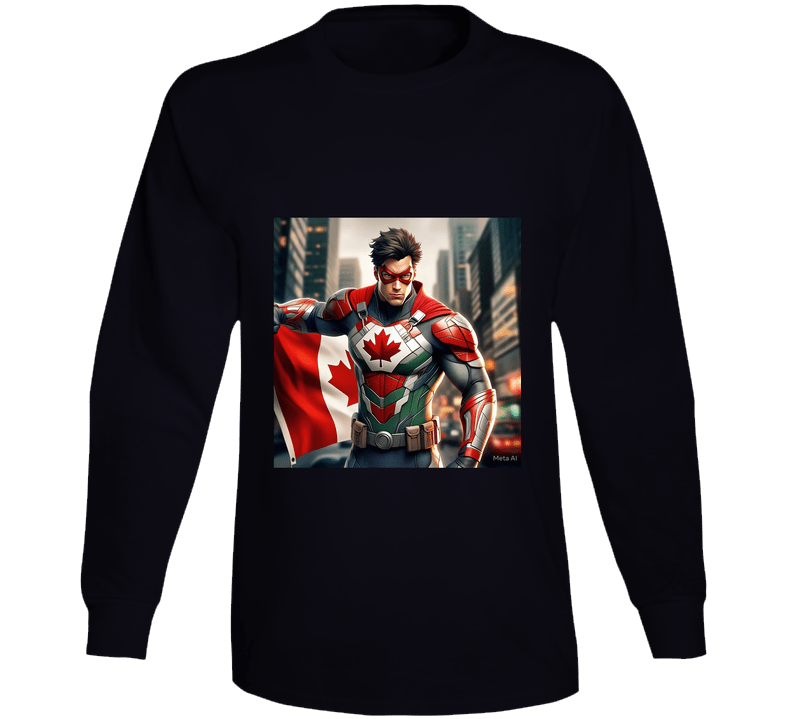 Long Sleeve Canada Superhero Shirt featuring a heroic figure holding a Canadian flag design