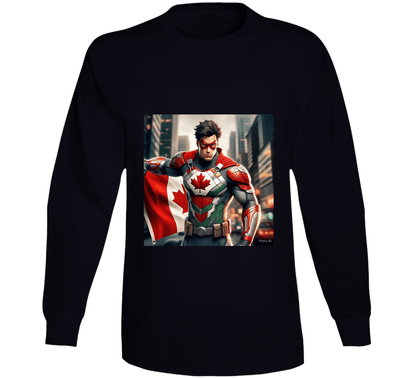 Long Sleeve Canada Superhero Shirt featuring a heroic figure holding a Canadian flag design
