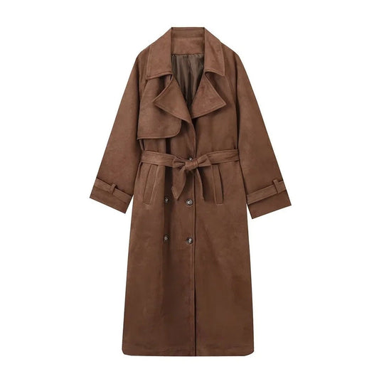 Casey Double Breasted Lapel Shift Suede Coat With Belt - www.Shopthatapp.com
