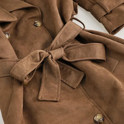 Casey Double Breasted Lapel Shift Suede Coat With Belt - www.Shopthatapp.com