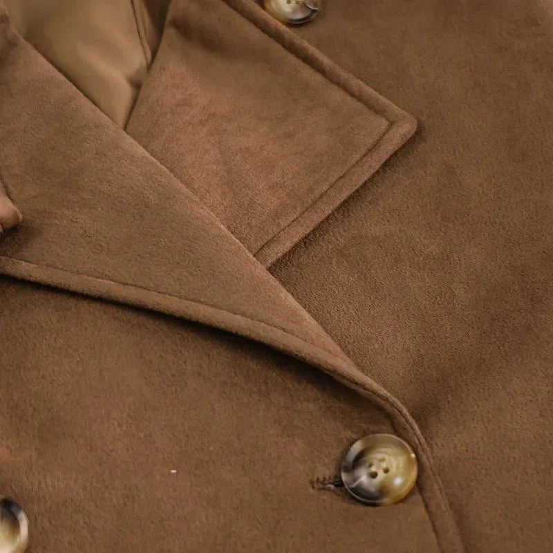 Casey Double Breasted Lapel Shift Suede Coat With Belt - www.Shopthatapp.com