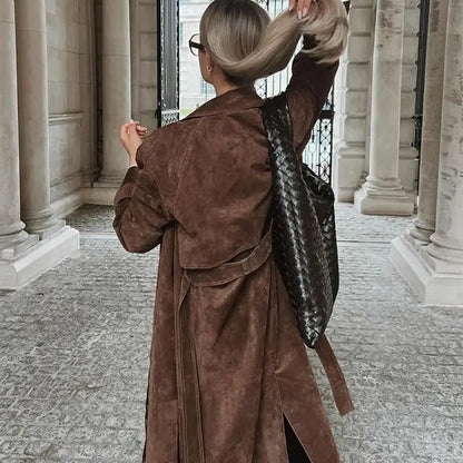 Casey Double Breasted Lapel Shift Suede Coat With Belt - www.Shopthatapp.com