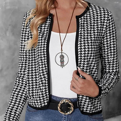 Casual Cardigan Long Sleeve Houndstooth Short Women's Coat - www.Shopthatapp.com
