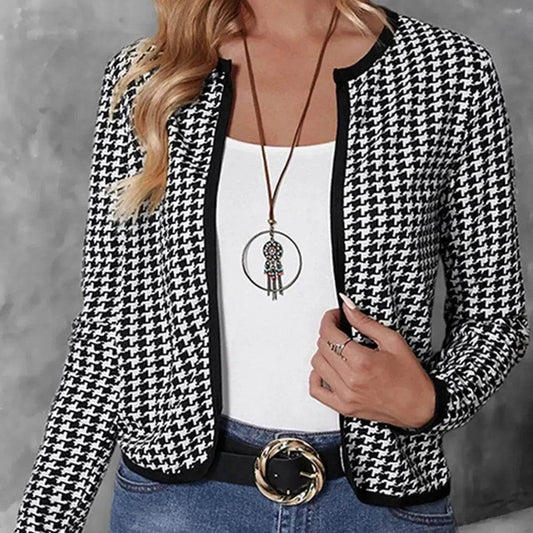 Casual Cardigan Long Sleeve Houndstooth Short Women's Coat - www.Shopthatapp.com