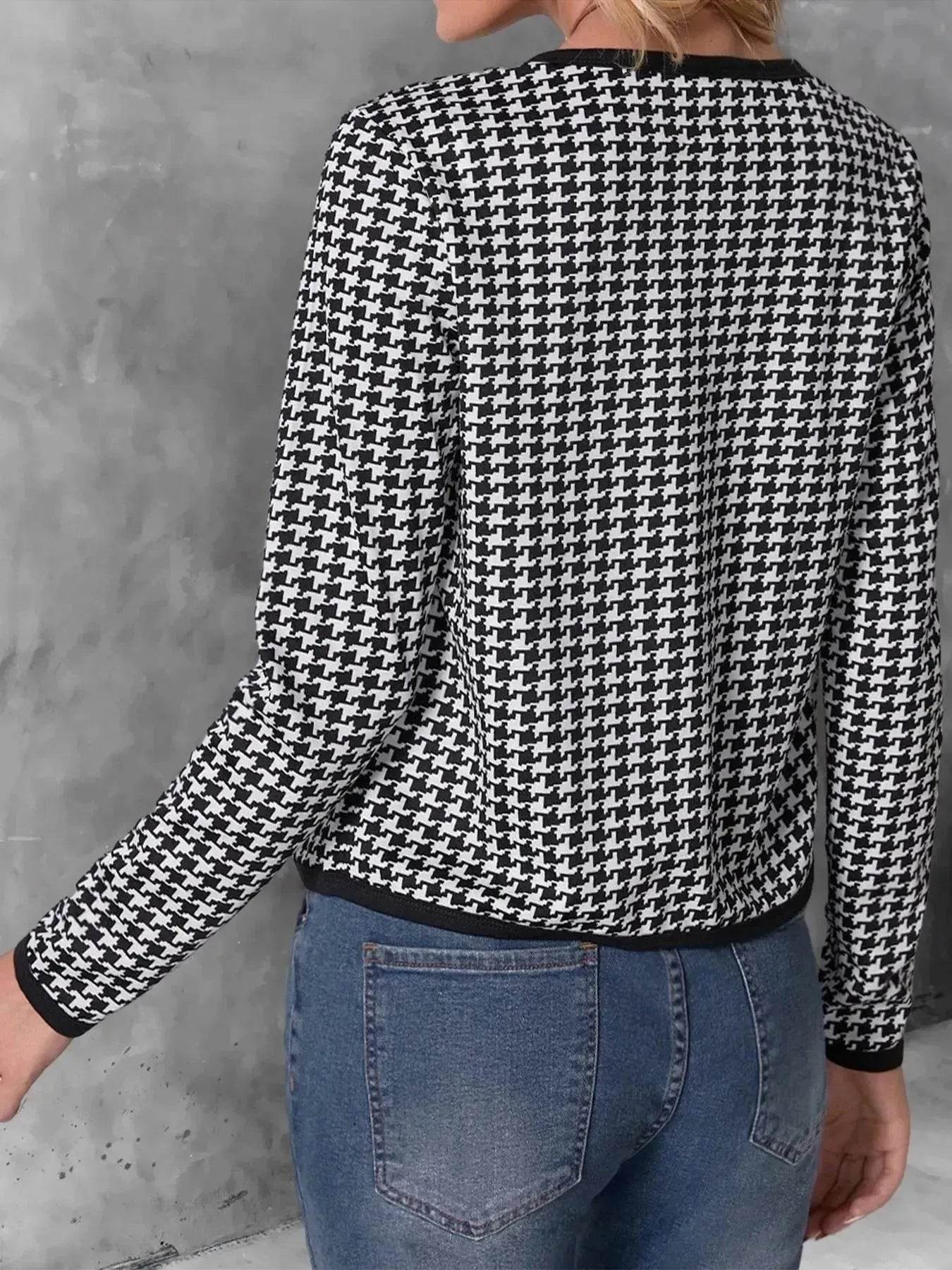 Casual Cardigan Long Sleeve Houndstooth Short Women's Coat - www.Shopthatapp.com