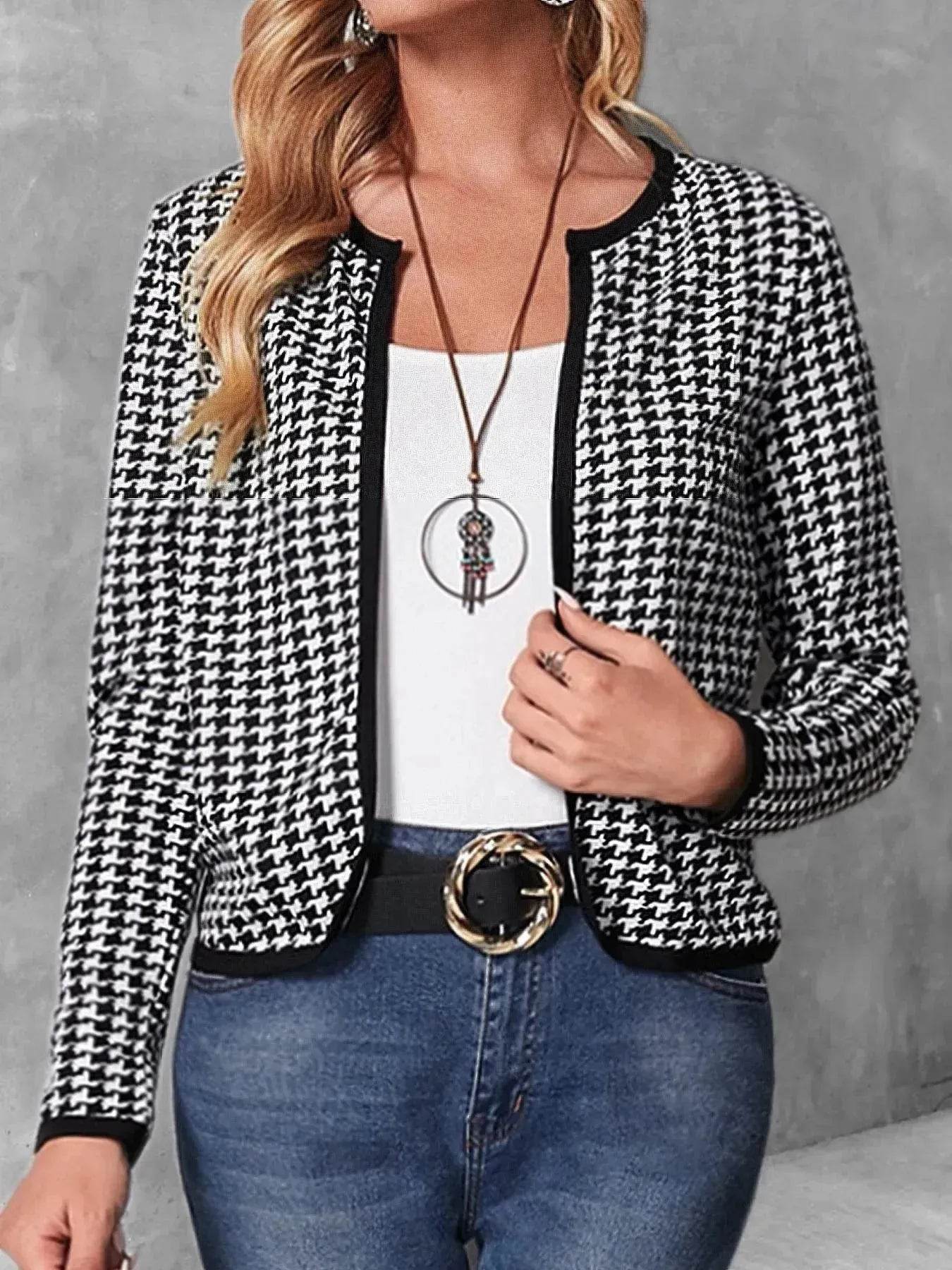 Casual Cardigan Long Sleeve Houndstooth Short Women's Coat - www.Shopthatapp.com