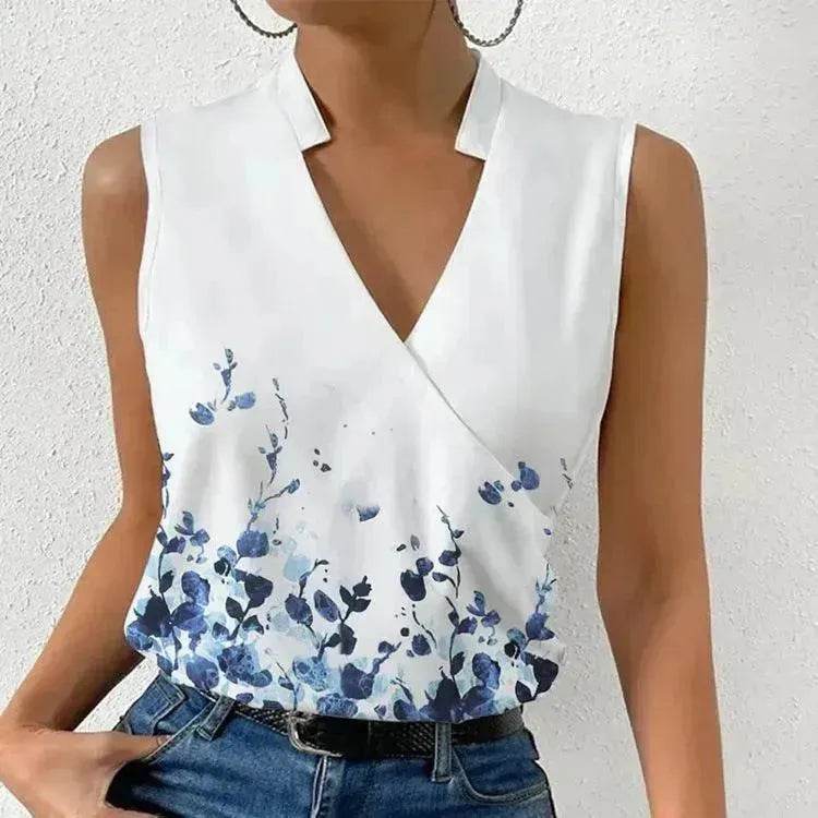 Casual Printed Tops Summer V-neck Sleeveless blouse  evening top women - www.Shopthatapp.com