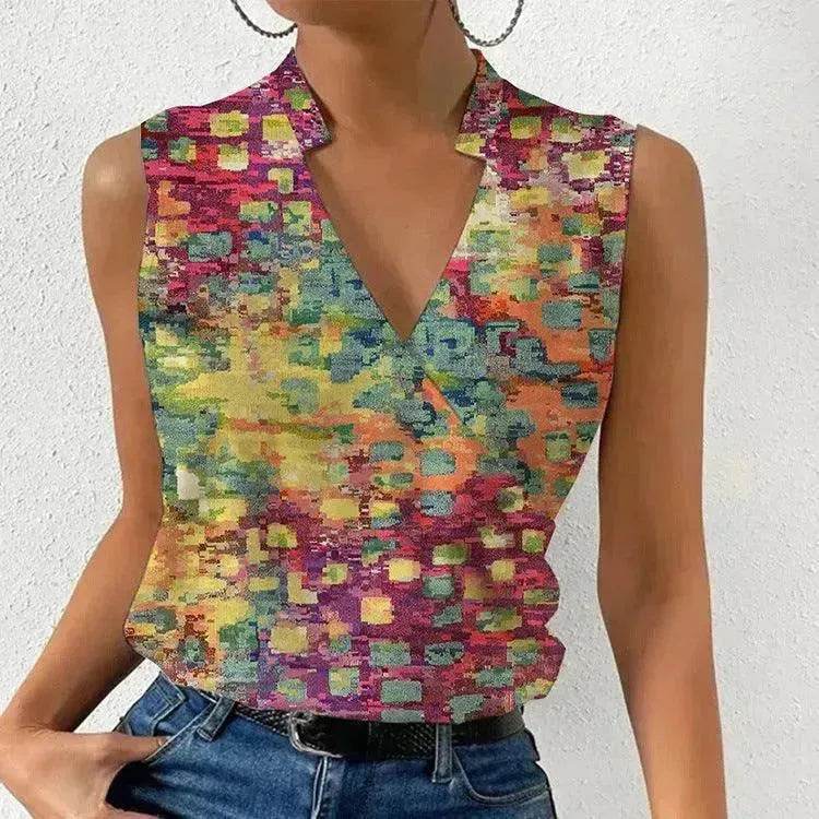 Casual Printed Tops Summer V-neck Sleeveless blouse  evening top women - www.Shopthatapp.com
