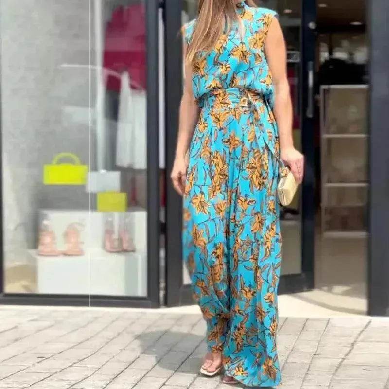 Casual Style Sleeveless High-waisted  2pcs floral Trousers set Women - www.Shopthatapp.com