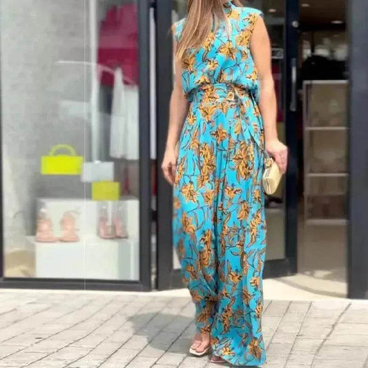 Casual Style Sleeveless High-waisted  2pcs floral Trousers set Women - www.Shopthatapp.com