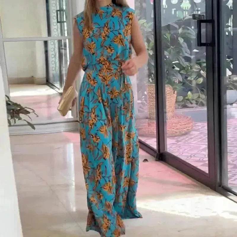 Casual Style Sleeveless High-waisted  2pcs floral Trousers set Women - www.Shopthatapp.com