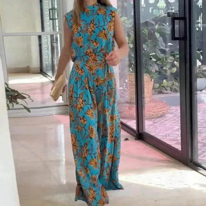 Casual Style Sleeveless High-waisted  2pcs floral Trousers set Women - www.Shopthatapp.com