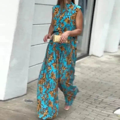 Casual Style Sleeveless High-waisted  2pcs floral Trousers set Women - www.Shopthatapp.com