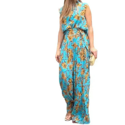 Casual Style Sleeveless High-waisted  2pcs floral Trousers set Women - www.Shopthatapp.com