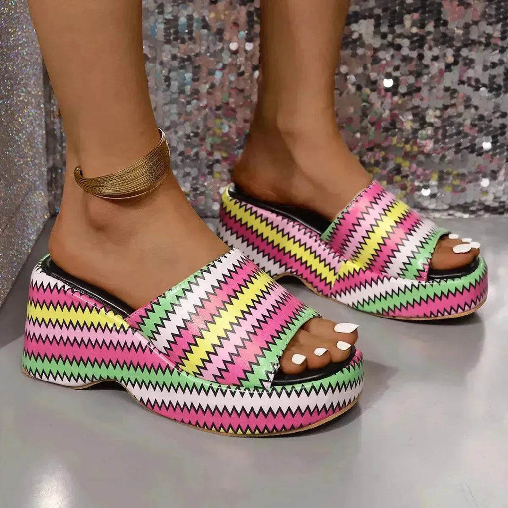 Casual Summer Fashionable Colorful Wave Print Thick Wedge Heel Women Slippers - www.Shopthatapp.com