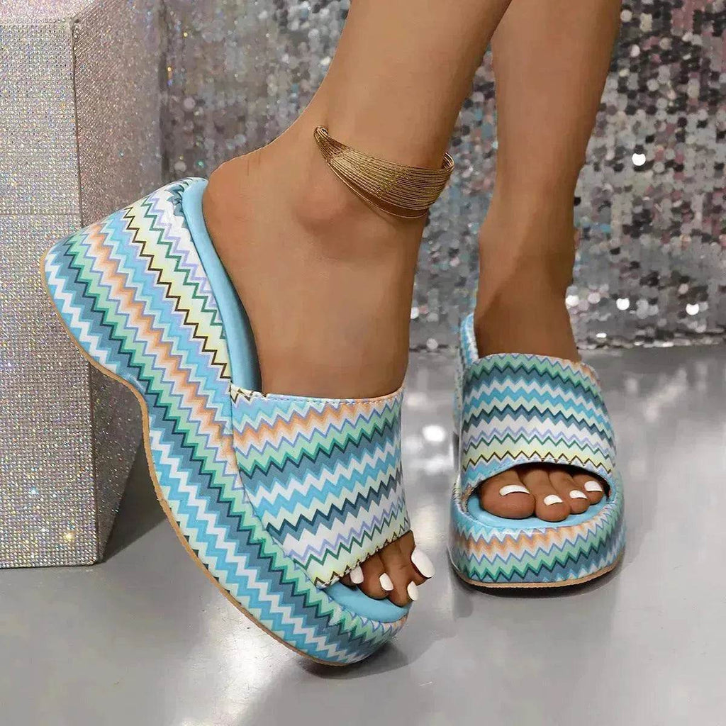 Casual Summer Fashionable Colorful Wave Print Thick Wedge Heel Women Slippers - www.Shopthatapp.com