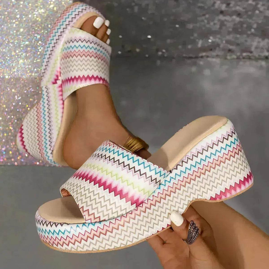 Casual Summer Fashionable Colorful Wave Print Thick Wedge Heel Women Slippers - www.Shopthatapp.com