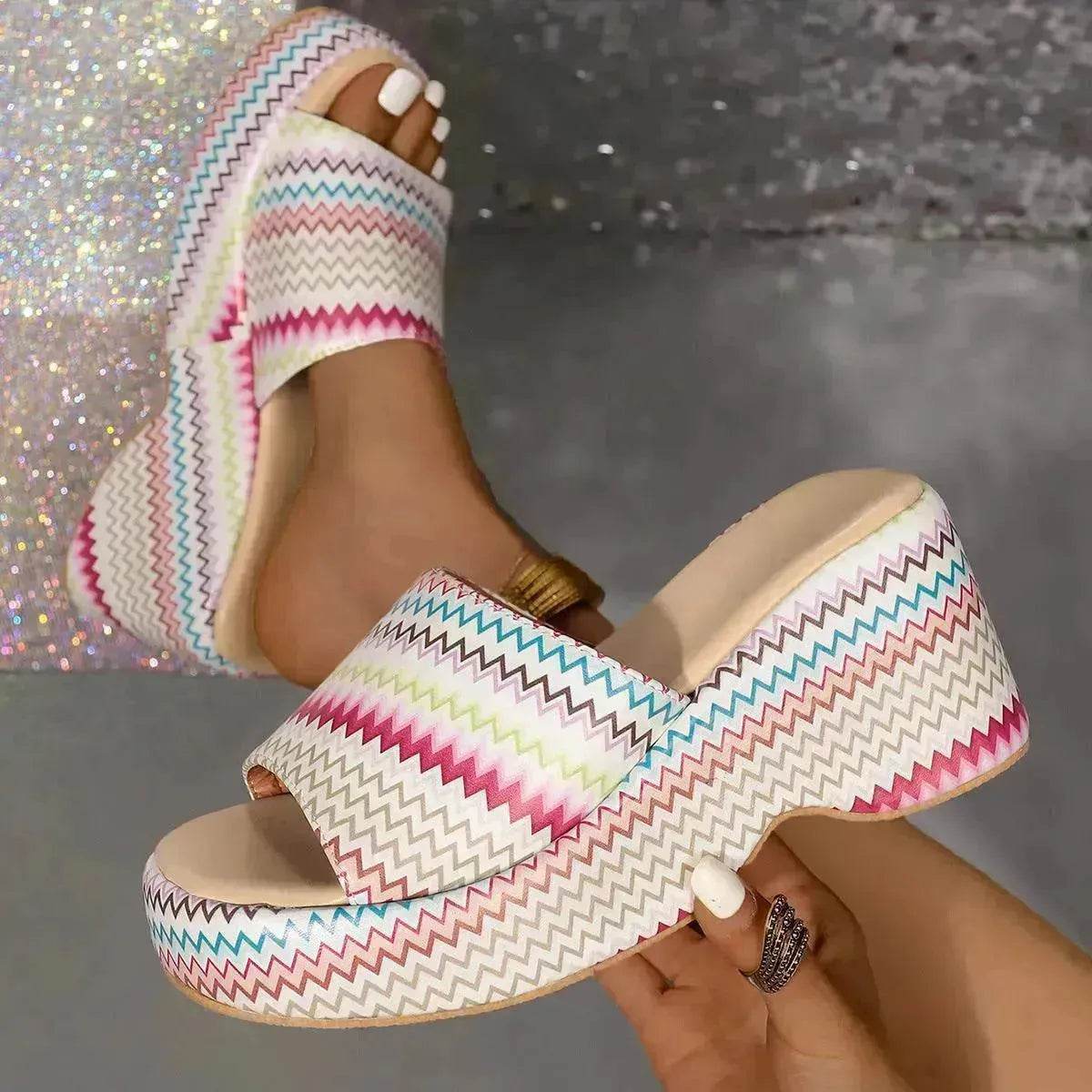 Casual Summer Fashionable Colorful Wave Print Thick Wedge Heel Women Slippers - www.Shopthatapp.com