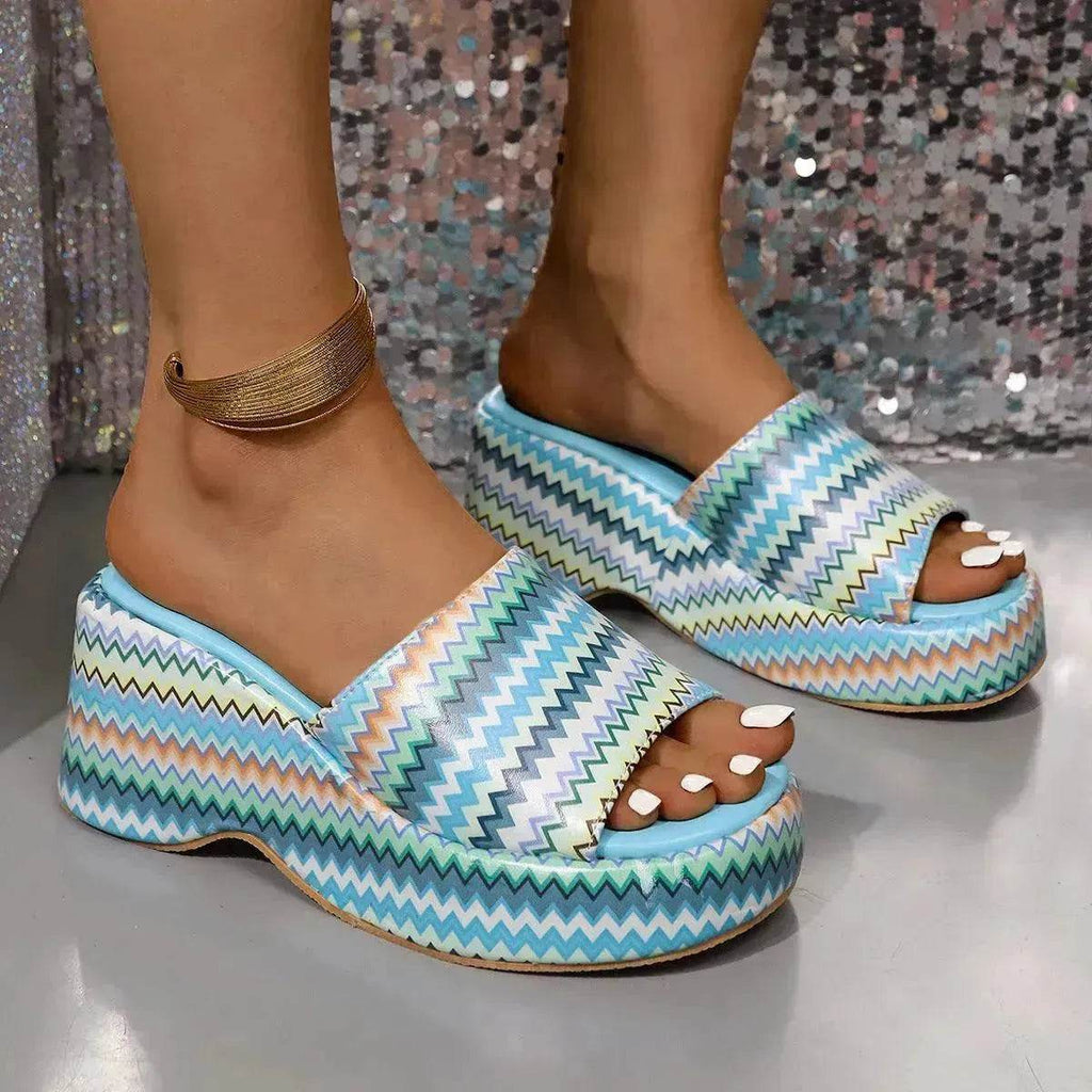 Casual Summer Fashionable Colorful Wave Print Thick Wedge Heel Women Slippers - www.Shopthatapp.com