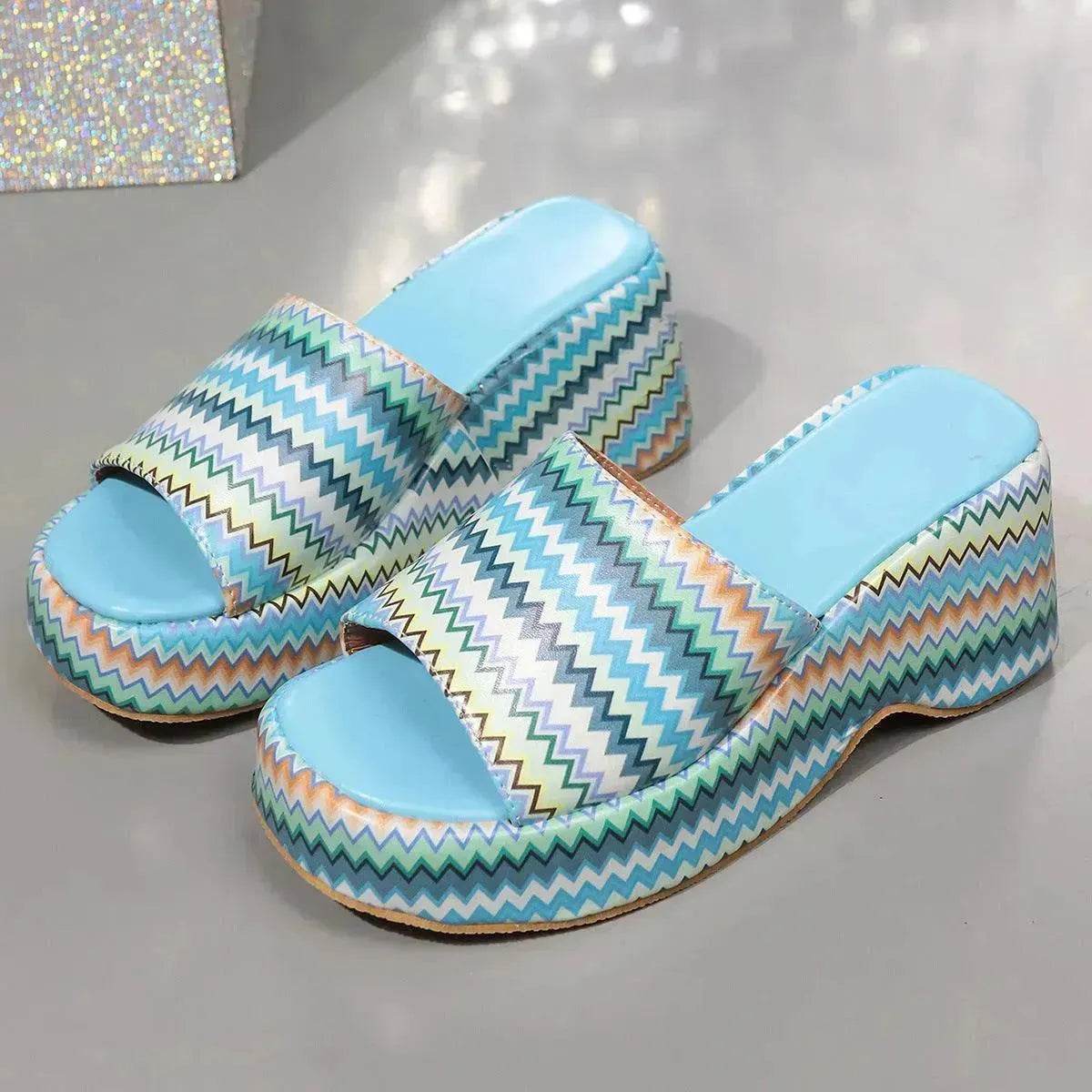 Casual Summer Fashionable Colorful Wave Print Thick Wedge Heel Women Slippers - www.Shopthatapp.com