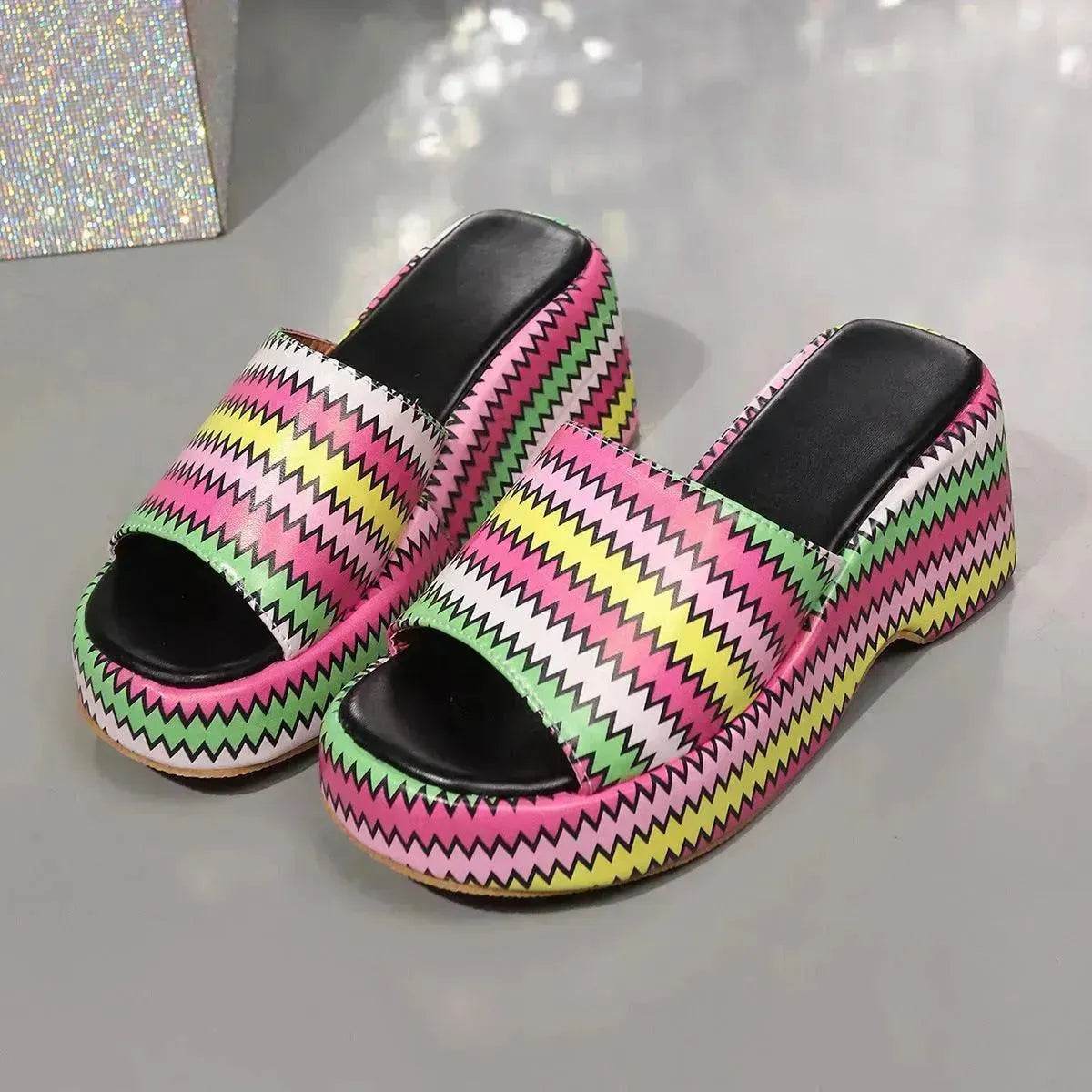 Casual Summer Fashionable Colorful Wave Print Thick Wedge Heel Women Slippers - www.Shopthatapp.com