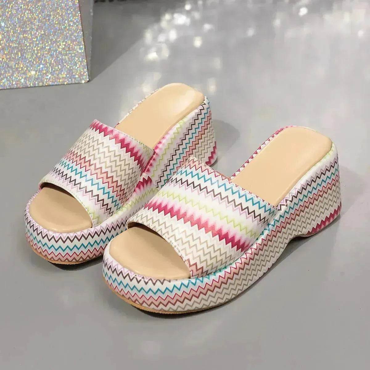 Casual Summer Fashionable Colorful Wave Print Thick Wedge Heel Women Slippers - www.Shopthatapp.com
