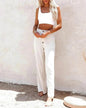 Casual Women's Button Color Elastic Waist Trousers Wide Leg Pants - www.Shopthatapp.com