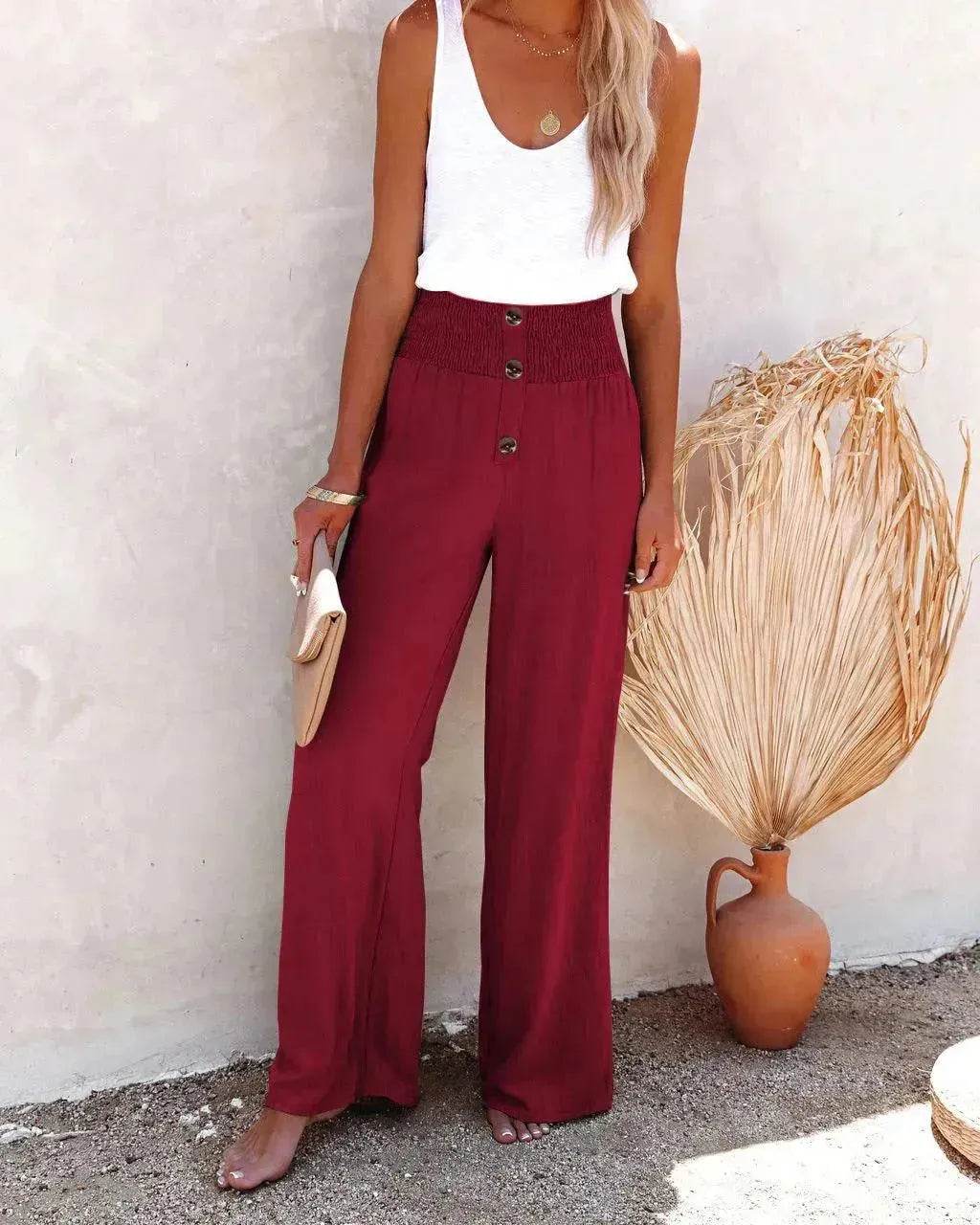 Casual Women's Button Color Elastic Waist Trousers Wide Leg Pants - www.Shopthatapp.com