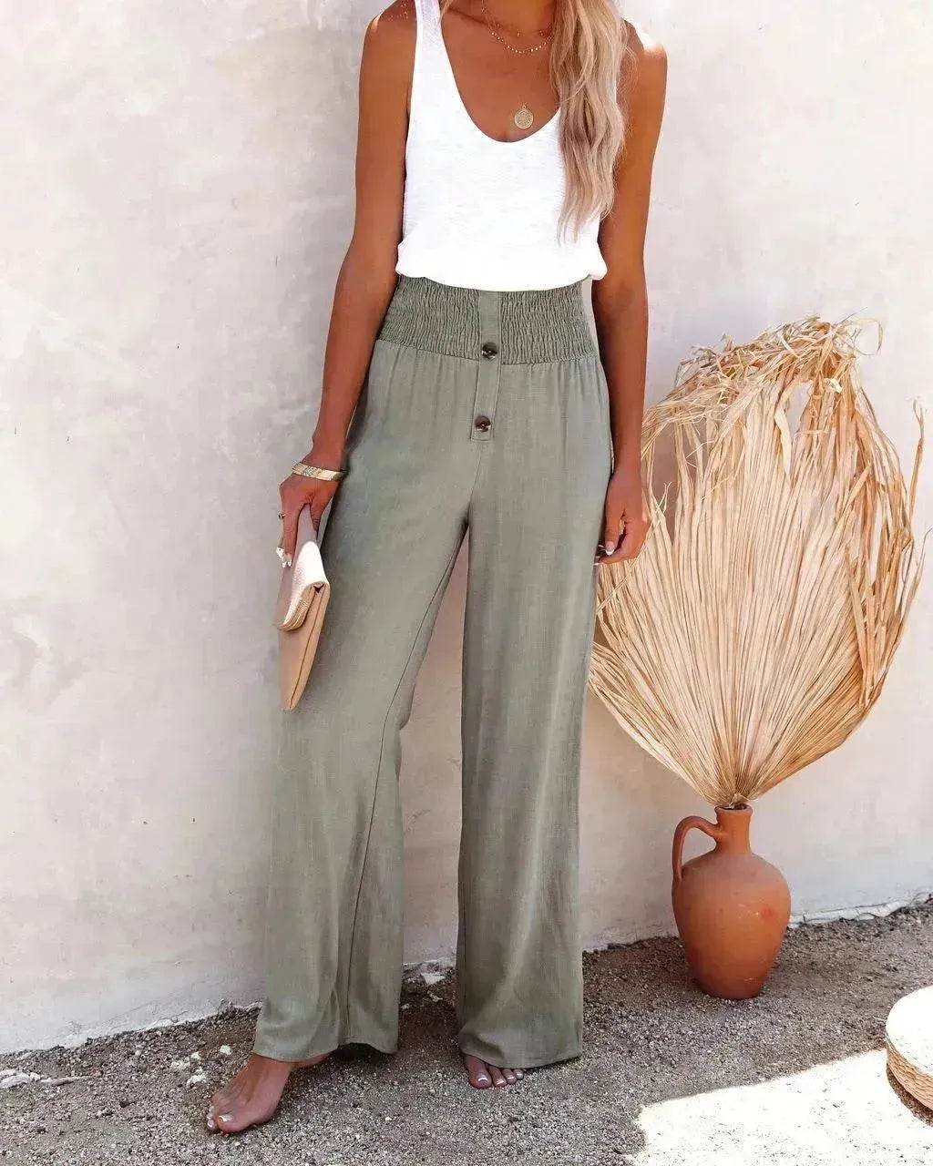 Casual Women's Button Color Elastic Waist Trousers Wide Leg Pants - www.Shopthatapp.com