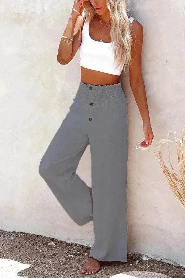 Casual Women's Button Color Elastic Waist Trousers Wide Leg Pants - www.Shopthatapp.com