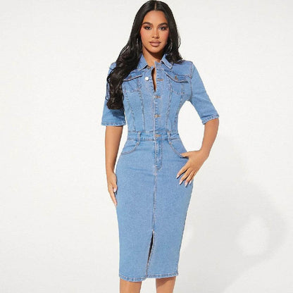 Women's Fashion Personality fitted Denim Hip-wrapped Jeans Midi straight cut front split Dress - www.Shopthatapp.com