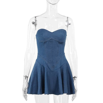 Fashion Tube Top Denim short mini Dress for Club - www.Shopthatapp.com