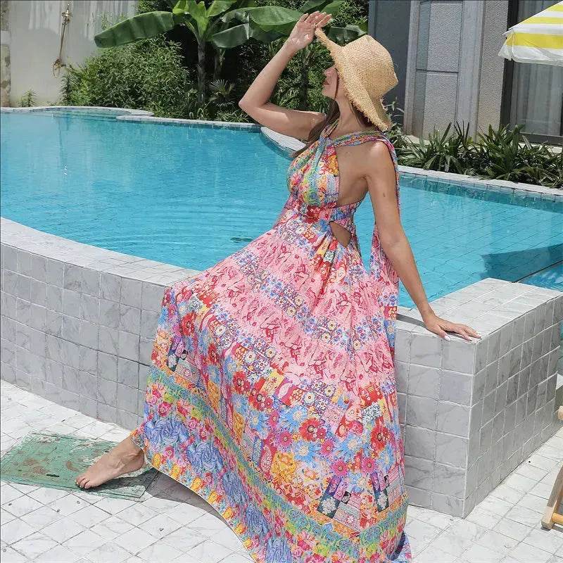Casual Women's Floral Style Large Hem Cross Open Back Dress - www.Shopthatapp.com