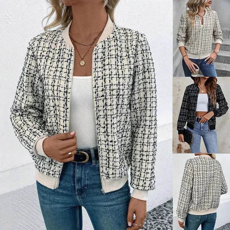 Autumn Winter Casual Long Sleeve plaid Houndstooth  zipper outwear jacket women - www.Shopthatapp.com
