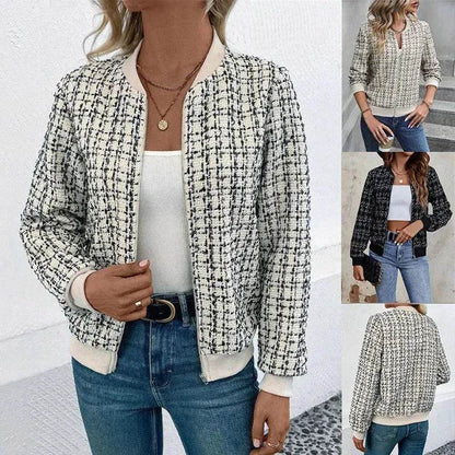 Autumn Winter Casual Long Sleeve plaid Houndstooth  zipper outwear jacket women - www.Shopthatapp.com