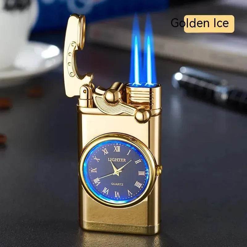 New Lighter With Electric Watch Rocker Arm Automatic Ignition Straight Blue Flame Lighter Creative Real Dial Inflatable Windproof Cigar Lighter Men's Watch Gift - www.Shopthatapp.com
