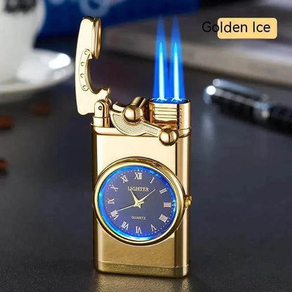 New Lighter With Electric Watch Rocker Arm Automatic Ignition Straight Blue Flame Lighter Creative Real Dial Inflatable Windproof Cigar Lighter Men's Watch Gift - www.Shopthatapp.com