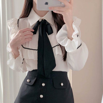 Elegant Bow Ruffled Tied Flared long Sleeves Shirt For Women - www.Shopthatapp.com