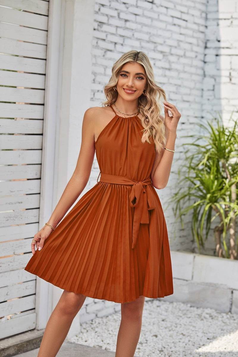 Halter Strapless Dresses For Women Solid Pleated Skirt Summer Beach Sundress - www.Shopthatapp.com