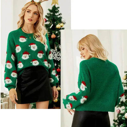 Christmas Sweater Women Cute Cartoon Santa Print Knit Sweater Winter Tops - www.Shopthatapp.com