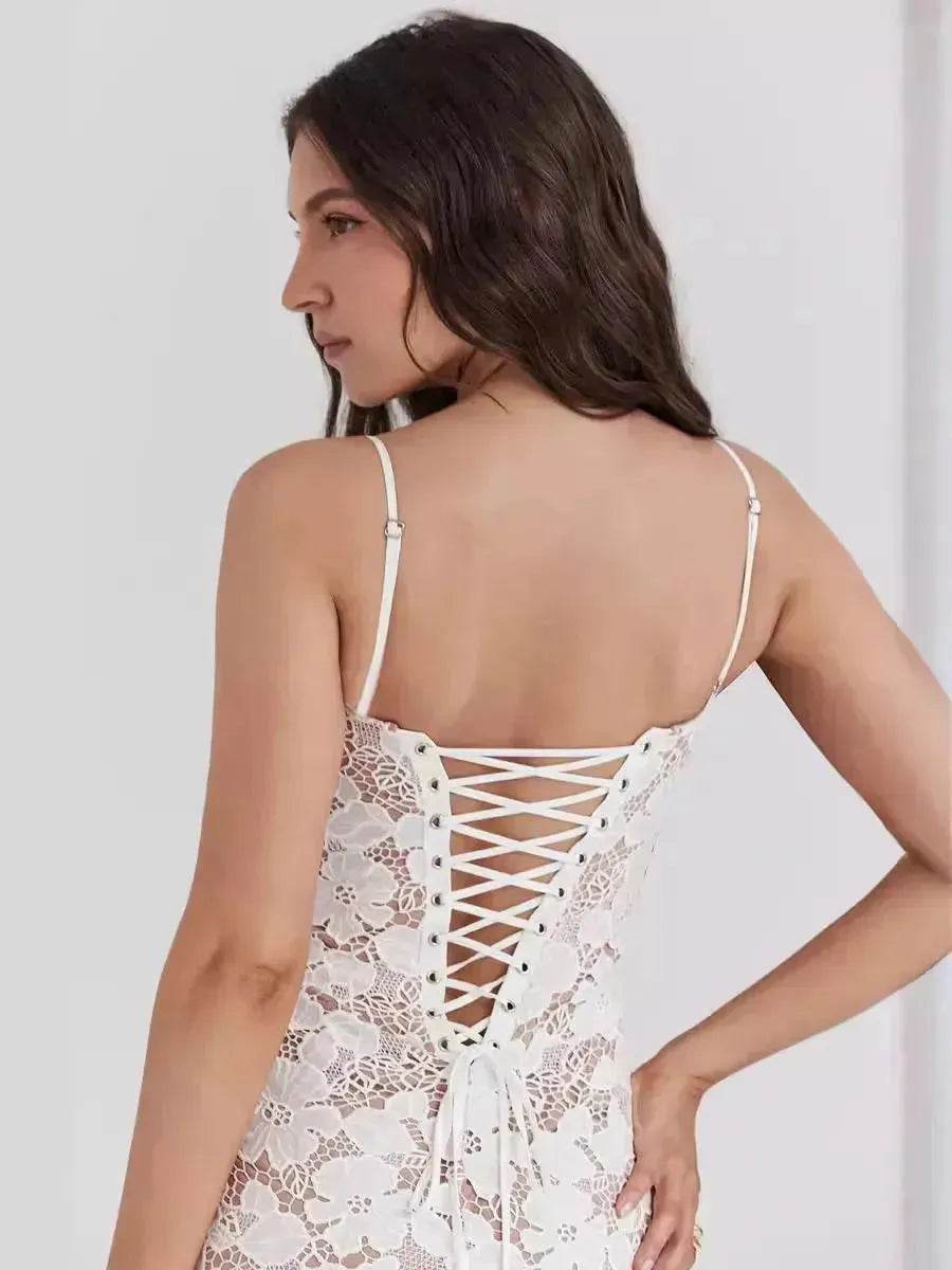 White Lace Wedding Dinner Party Cocktail Bodycon Spaghetti Strap Split Long Dress - www.Shopthatapp.com