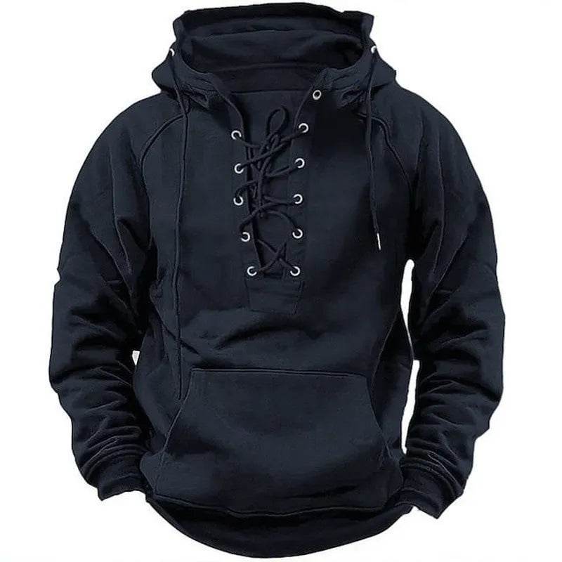 Men's Outdoor Retro Lace-up Hooded Long-sleeved T-shirt Casual Pullover top sweatshirt - www.Shopthatapp.com