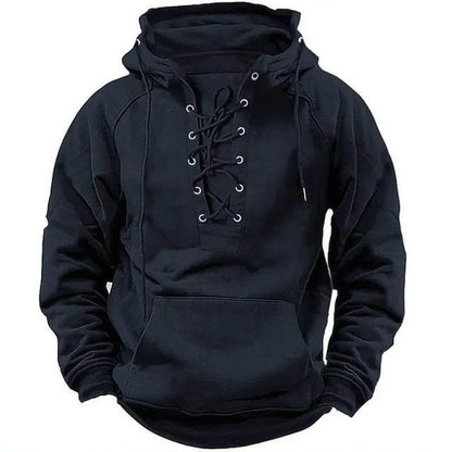 Men's Outdoor Retro Lace-up Hooded Long-sleeved T-shirt Casual Pullover top sweatshirt - www.Shopthatapp.com