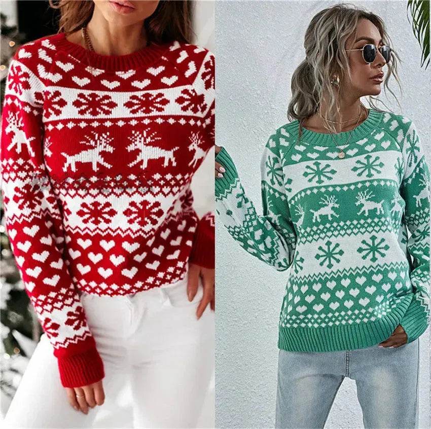 Elk Autumn And Winter New Knitted Round Neck Women's Christmas Snowflake Pullover Women's Sweater - www.Shopthatapp.com