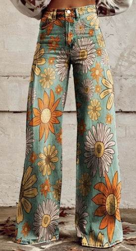 Floral 3D Digital Printed Women's Flared Imitation Jeans pant - www.Shopthatapp.com